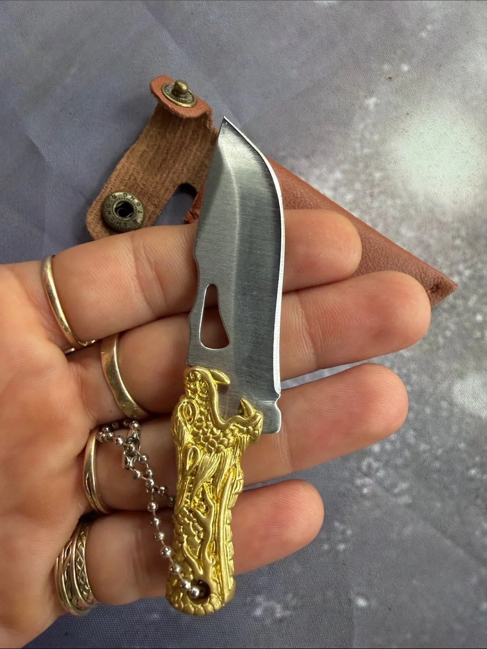 Men's handmade Brown Leather Sheath Knife with Gold plated dragon Handle